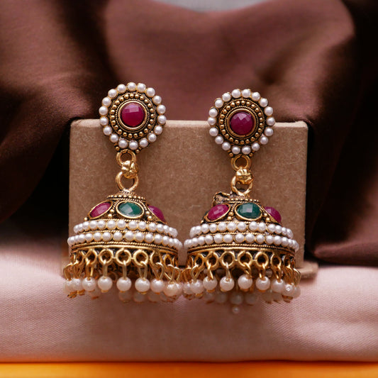 Combo of 2 Traditional Ethnic Pearl Gold-Plated Jhumka Earrings for Girls & Women | Fancy Stylish Oxidised Look Jhumki Set