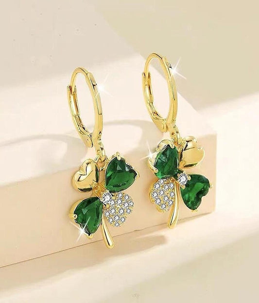 Destiny Jewel’s Gold-Plated Korean-Style Four-Leaf Clover Earrings with Green Crystals & Cubic Zirconia — Hoop / Drop / Stud Earrings for Women