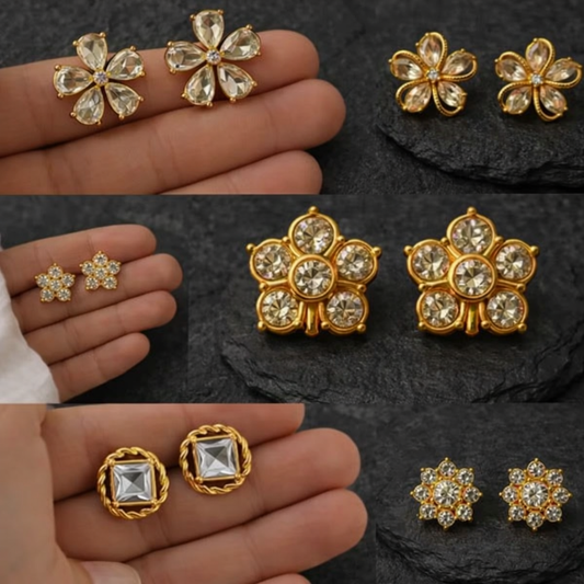 Shimmering Kundan Stud Earrings Pack of 6 for Girls & Women | Gold Plated Alloy | Stylish Daily & Party Wear
