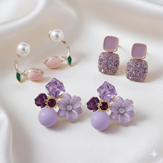 Combo Pack of 3 Korean Stud Earrings for Women & Girls – Gold Plated, Stylish & Elegant