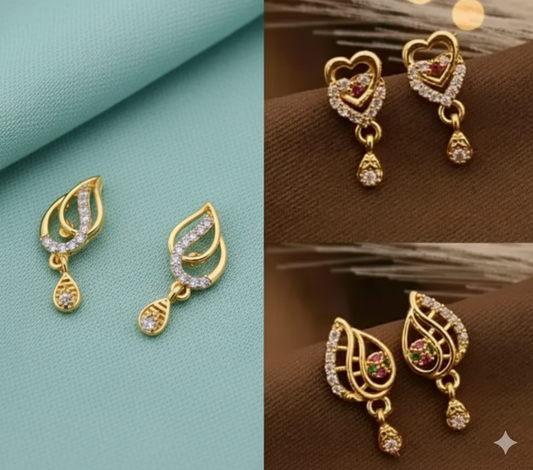 AD Stone Studded Gold Plated Jhumki & Stud Earrings Combo for Women and Girls | CZ Drop Earrings Set (Pack of 3)