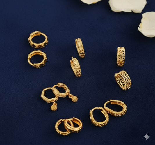 (Pack of 6) Gold Plated Earrings, Bali & Stud Set for Women & Girls | Brass Huggie Earrings