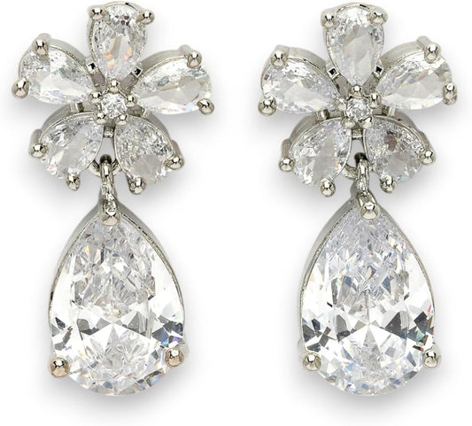 Harinika Silver‑Plated Floral Stone Drop Earrings— Elegant Floral Alloy Earrings for Women & Girls