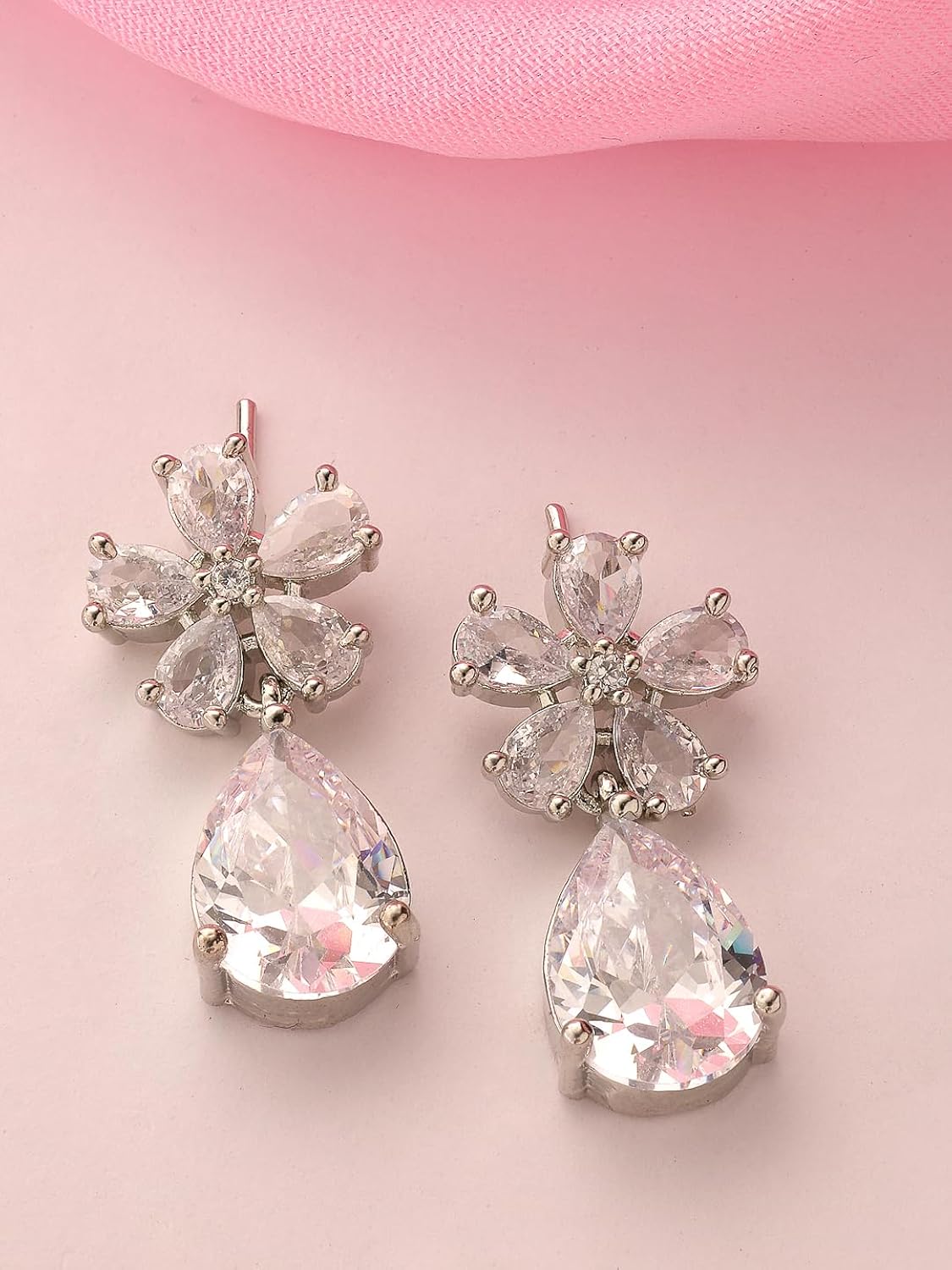 Harinika Silver‑Plated Floral Stone Drop Earrings— Elegant Floral Alloy Earrings for Women & Girls