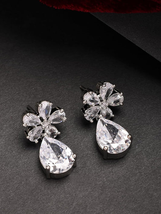 Harinika Silver‑Plated Floral Stone Drop Earrings— Elegant Floral Alloy Earrings for Women & Girls