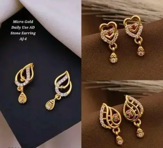 AD Stone Studded Gold Plated Jhumki & Stud Earrings Combo for Women and Girls | CZ Drop Earrings Set (Pack of 3)