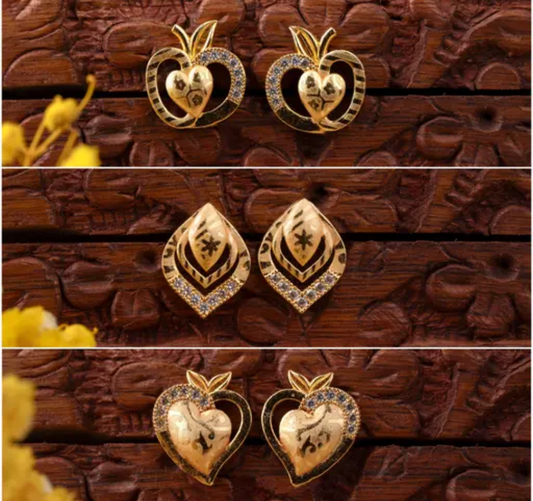 Elegant Gold Plated AD Stone Stud Earrings Combo for Women & Girls | Brass Studs Jewellery Set (Pack of 3)