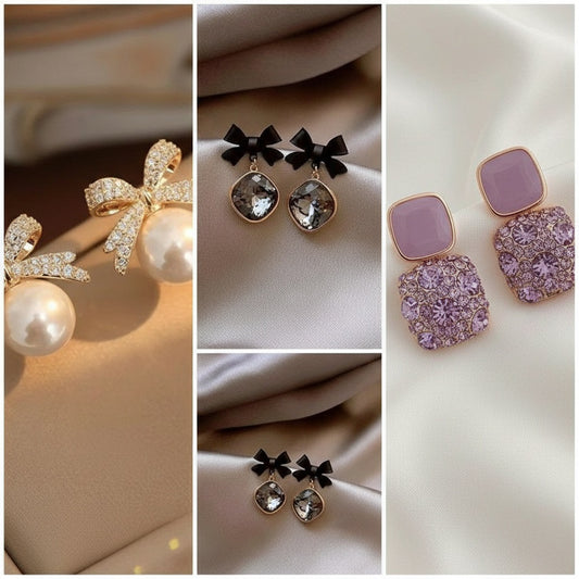 Trendy Combo Pack of 3 Korean Earrings for Women & Girls | Gold Plated Pearl Drop Earrings | Stylish Fashion Hoop & Retro Design Set