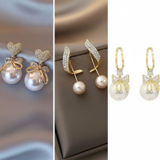 Trendy Combo Pack of 3 Korean Drop Earrings for Women & Girls | Pearl Stone | Gold Plated Fashion Earrings | Stylish Party & Daily Wear Set