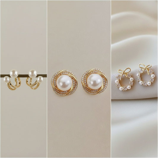 Combo Pack of 3 Korean Earrings for Women & Girls | Gold Plated CZ Studs & Pearl Earrings | Stylish Adjustable Fashion Jewellery Set