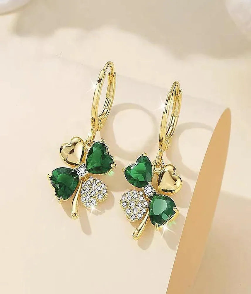 Destiny Jewel’s Gold-Plated Korean-Style Four-Leaf Clover Earrings with Green Crystals & Cubic Zirconia — Hoop / Drop / Stud Earrings for Women