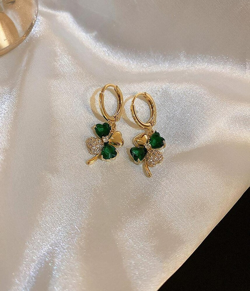 Destiny Jewel’s Gold-Plated Korean-Style Four-Leaf Clover Earrings with Green Crystals & Cubic Zirconia — Hoop / Drop / Stud Earrings for Women