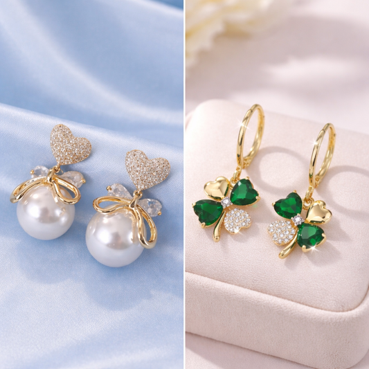 Karishma Kreations Bow Dangle Earrings & Clover Earrings Combo for Women and Girls | Gold-Plated Alloy Stud & Chandelier Earrings (Set of 2)