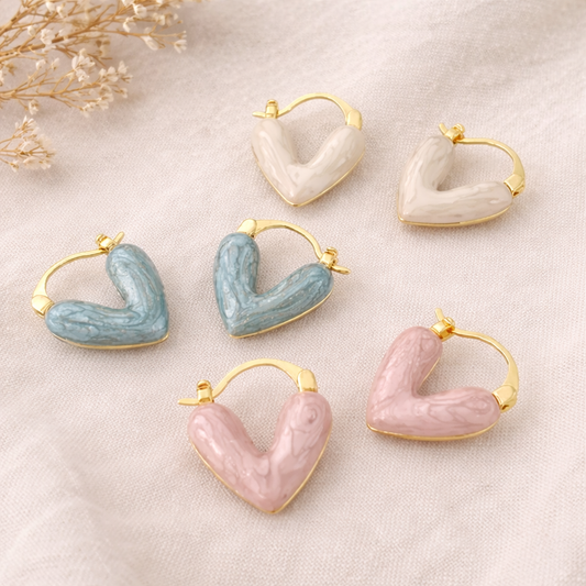 Set of 3 Pair Candy Hearts Hoop Earring Set – Blush Pink, Mint Blue & Cream Ivory | Stylish Gold Plated Hoop Earrings