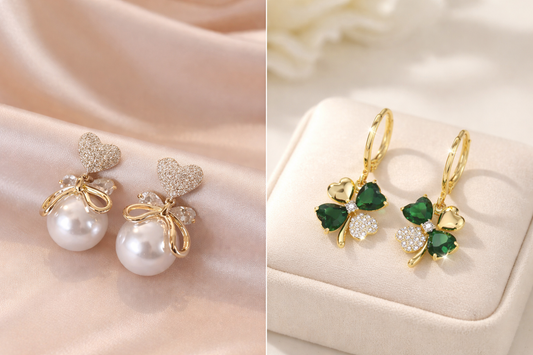 Karishma Kreations Bow Dangle Earrings & Clover Earrings Combo for Women and Girls | Gold-Plated Alloy Stud & Chandelier Earrings (Set of 2)