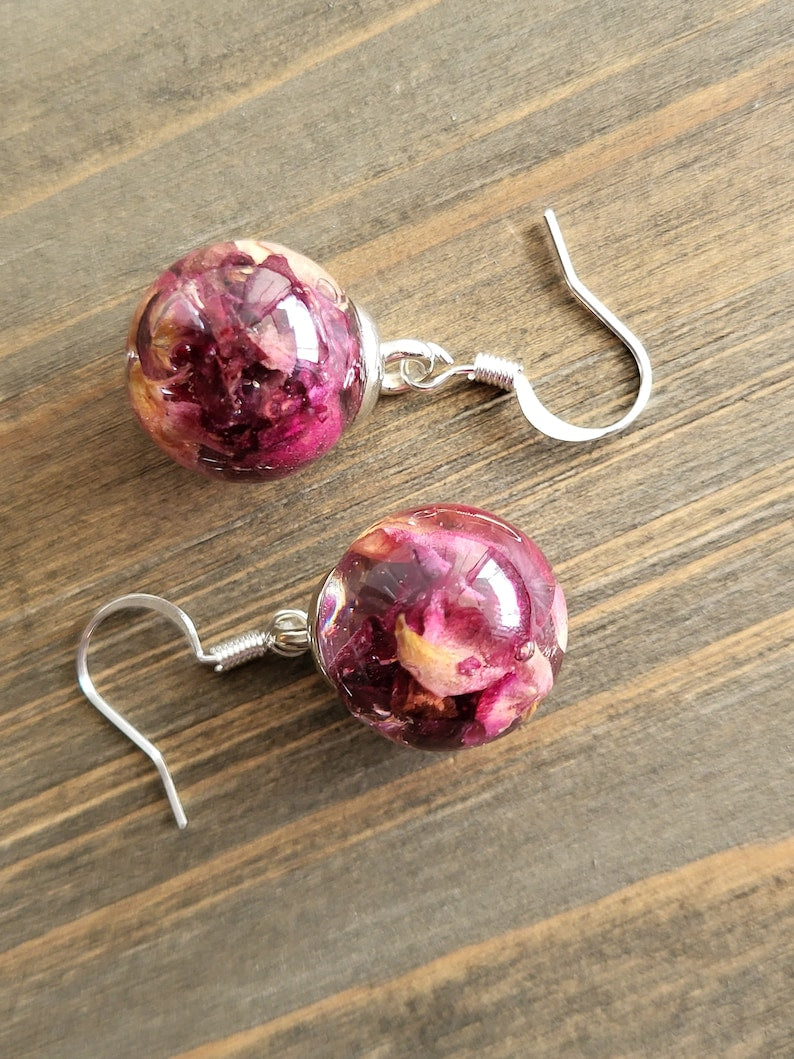 Rose Resin Ball Earrings – Handmade Dried Rose Petal Earrings – Resin Jewelry – Resin Drop Earrings – Gift for Her