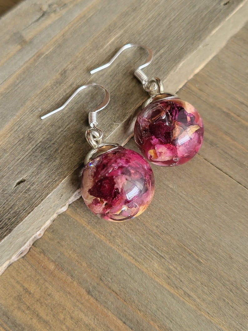 Rose Resin Ball Earrings – Handmade Dried Rose Petal Earrings – Resin Jewelry – Resin Drop Earrings – Gift for Her
