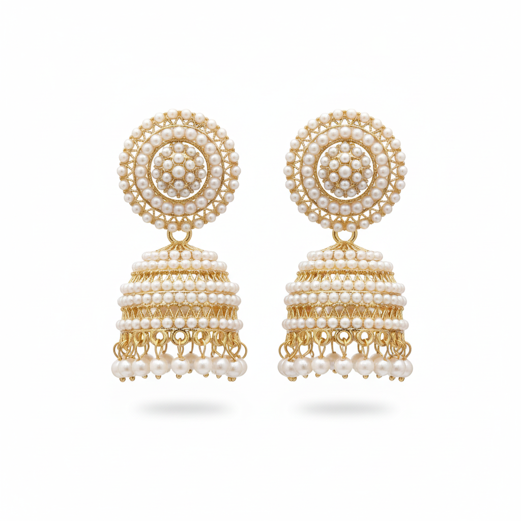 Traditional Ethnic Pearl-Studded Oxidised Jhumka Earrings – Big Alloy Jhumki for Women / Girls