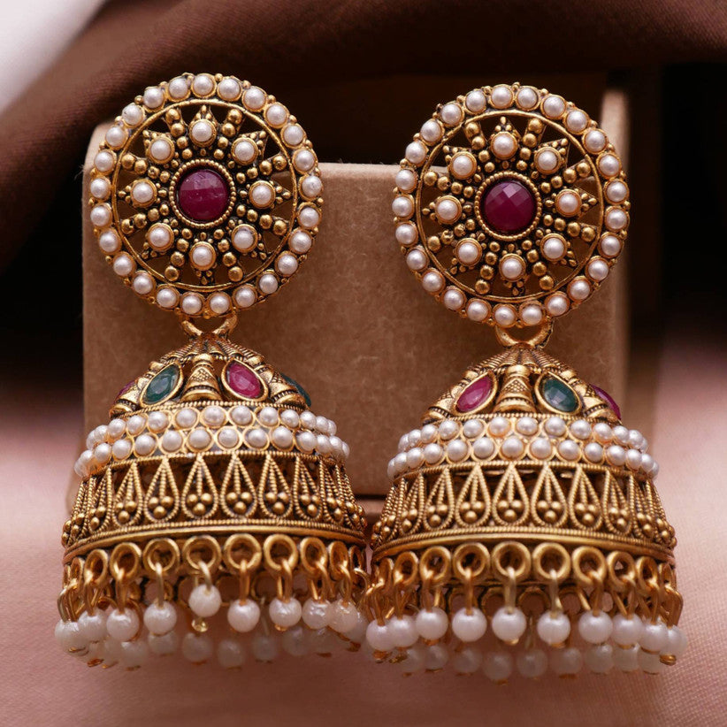 Traditional Ethnic Pearl-Studded Oxidised Jhumka Earrings – Big Alloy Jhumki for Women / Girls