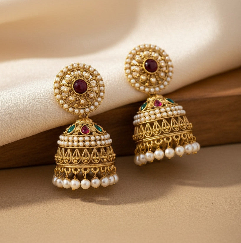 Traditional Ethnic Pearl-Studded Oxidised Jhumka Earrings – Big Alloy Jhumki for Women / Girls