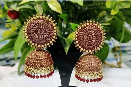 Designer Golden & Red Jhumka Earrings for Women & Girls | Traditional Beads Alloy Jhumki | Festive & Party Wear Earrings