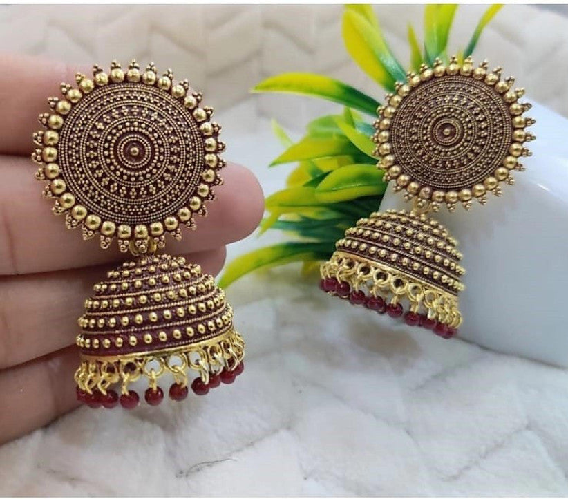 Designer Golden & Red Jhumka Earrings for Women & Girls | Traditional Beads Alloy Jhumki | Festive & Party Wear Earrings