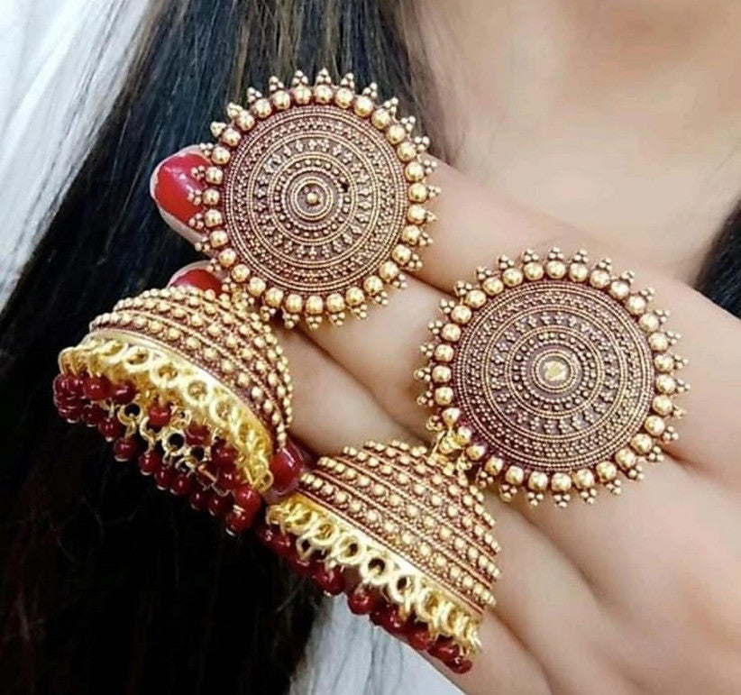 Designer Golden & Red Jhumka Earrings for Women & Girls | Traditional Beads Alloy Jhumki | Festive & Party Wear Earrings