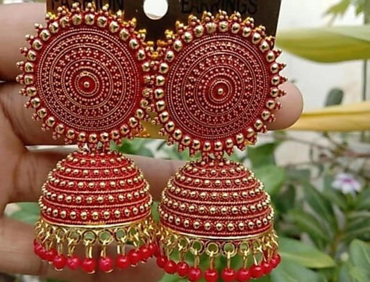 Designer Golden & Red Jhumka Earrings for Women & Girls | Traditional Beads Alloy Jhumki | Festive & Party Wear Earrings