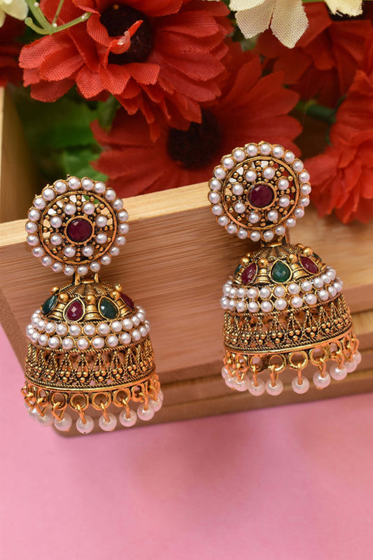 Traditional Ethnic Pearl-Studded Oxidised Jhumka Earrings – Big Alloy Jhumki for Women / Girls