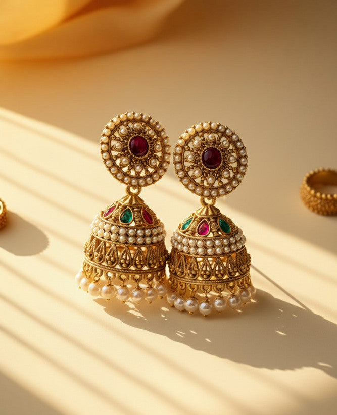 Traditional Ethnic Pearl-Studded Oxidised Jhumka Earrings – Big Alloy Jhumki for Women / Girls