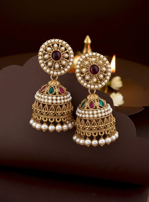 Traditional Ethnic Pearl-Studded Oxidised Jhumka Earrings – Big Alloy Jhumki for Women / Girls