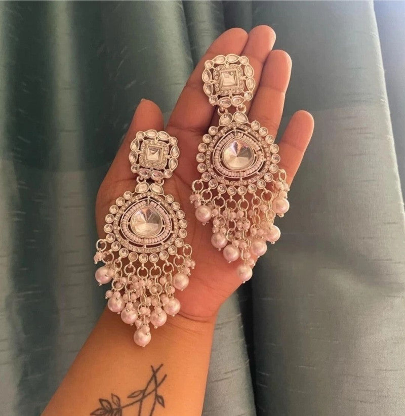 Harinika Traditional Rajasthani Jhumka Earrings – Plated Alloy, Kundan & White Diamond Finish, Statement Long Dangle Earrings for Women