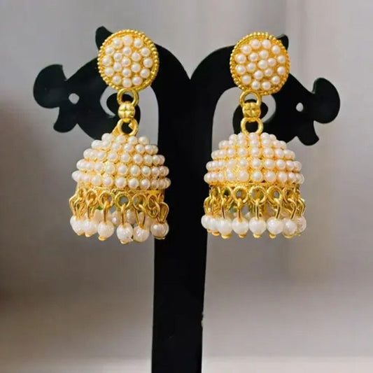 Harinika White Pearl & Diamond-Look Brass Jhumki Earrings — Elegant Traditional Jhumka Earrings for Women (Party / Ethnic Wear)