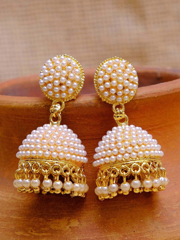 Harinika White Pearl & Diamond-Look Brass Jhumki Earrings — Elegant Traditional Jhumka Earrings for Women (Party / Ethnic Wear)