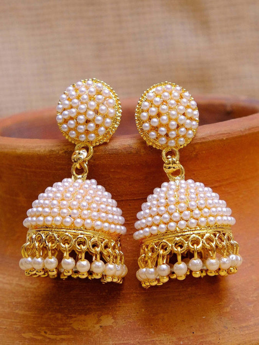 Harinika White Pearl & Diamond-Look Brass Jhumki Earrings — Elegant Traditional Jhumka Earrings for Women (Party / Ethnic Wear)