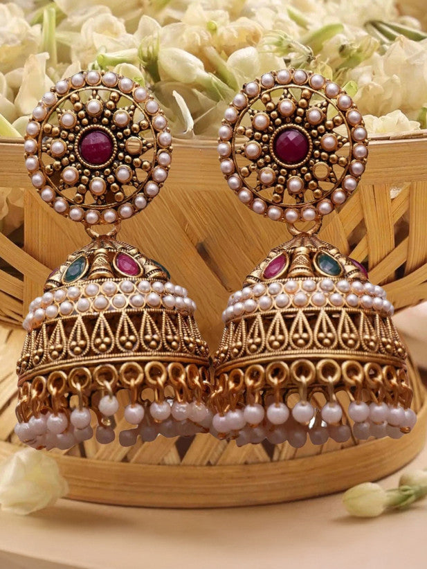 Traditional Ethnic Pearl-Studded Oxidised Jhumka Earrings – Big Alloy Jhumki for Women / Girls