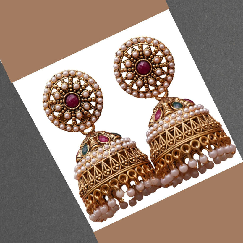 Traditional Ethnic Pearl-Studded Oxidised Jhumka Earrings – Big Alloy Jhumki for Women / Girls