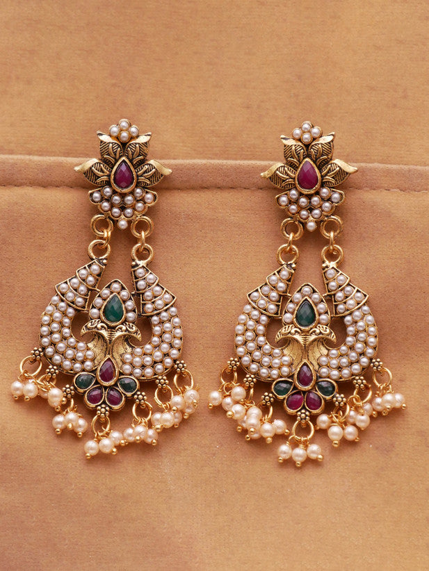 Traditional Pearl & Gold-Oxidised Jhumka Earrings | Ethnic & Bridal Wear | Elegant Women Earrings by Harinika Jewels